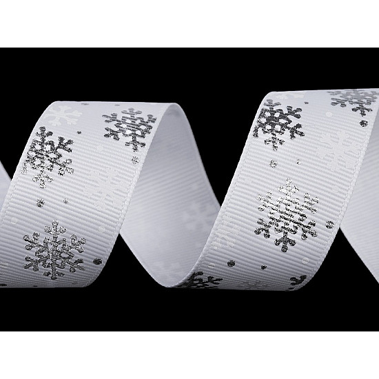 Panglică ripsată cu fulgi de zăpadă, lățime 25 mm (3 m) - alb - argintiu