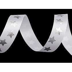 Panglică satinată cu steluțe, lățime 20 mm (rola 13.5 m) - alb - argintiu