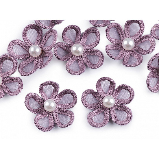 Flori din organza cu perlă, Ø25 mm, lila, 10 buc.