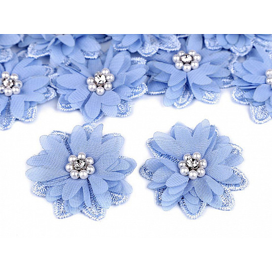 Flori textile cu perle, Ø50 mm, albastru deschis, 10 buc.