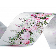 Panglică satinată, imprimeu floral, lățime 40 mm, roz deschis, 22.5 m