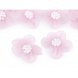 Flori din organza cu perle, Ø30 mm, roz deschis, 10 buc.