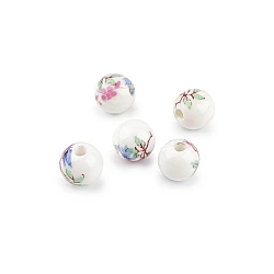 Porcelain beads with flowers ø10 mm - Darkpink (5 Pieces)