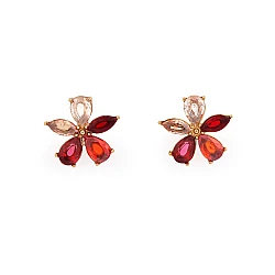 Stainless steel earrings with rhinestones, flowers - Red (1 Pair)