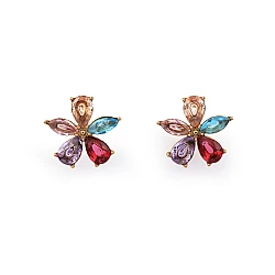 Stainless steel earrings with rhinestones, flowers - Multicolor (1 Pair)