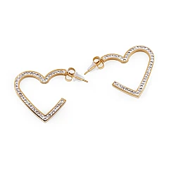Stainless steel earrings with crhinestones, heart - Gold (1 Pair)