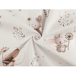 Children's cotton fabric / canvas, bear, mouse - White (1 Meter)