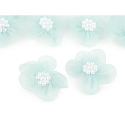 Organza flower ø3-3.5 cm with imitation pearls - Mint (10 Pieces)