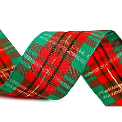 Checkered ribbon with lurex width 38 mm - Green (1 Meter)