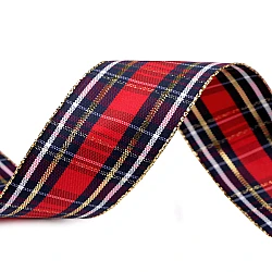 Checkered ribbon with lurex and wire width 40 mm - Red (1 Meter)