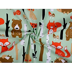 Cotton fabric / canvas fox in the forest - Mint (1 Meter)