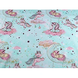Cotton fabric / canvas with golden print, unicorn - Mint (1 Meter)