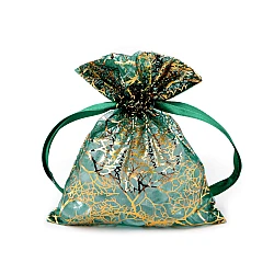 Organza gift bag - golden twigs / tree 10x13 cm - Green (10 Pieces)