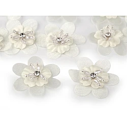Flower with rhinestone and beads for sewing and gluing ø4.5 cm - Creamy light (10 Pieces)