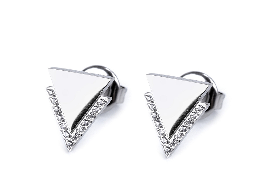 Stainless steel earring hoops, triangles with rhinestones - Silver (1 Pair)