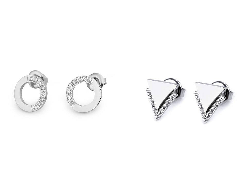 Stainless steel earring hoops, triangles with rhinestones - Silver (1 Pair)