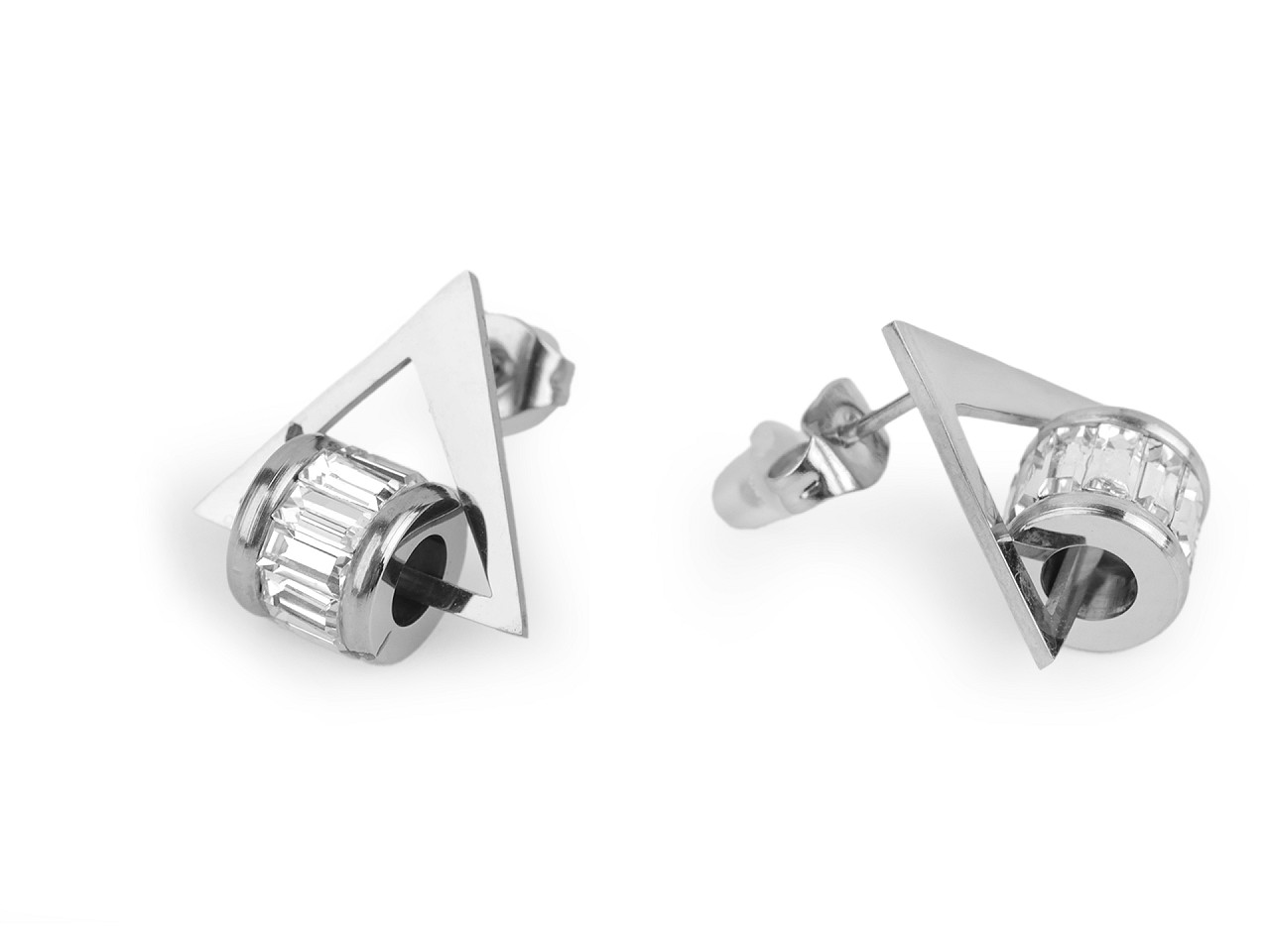 Stainless steel triangle earrings with rhinestones - Silver (1 Pair)