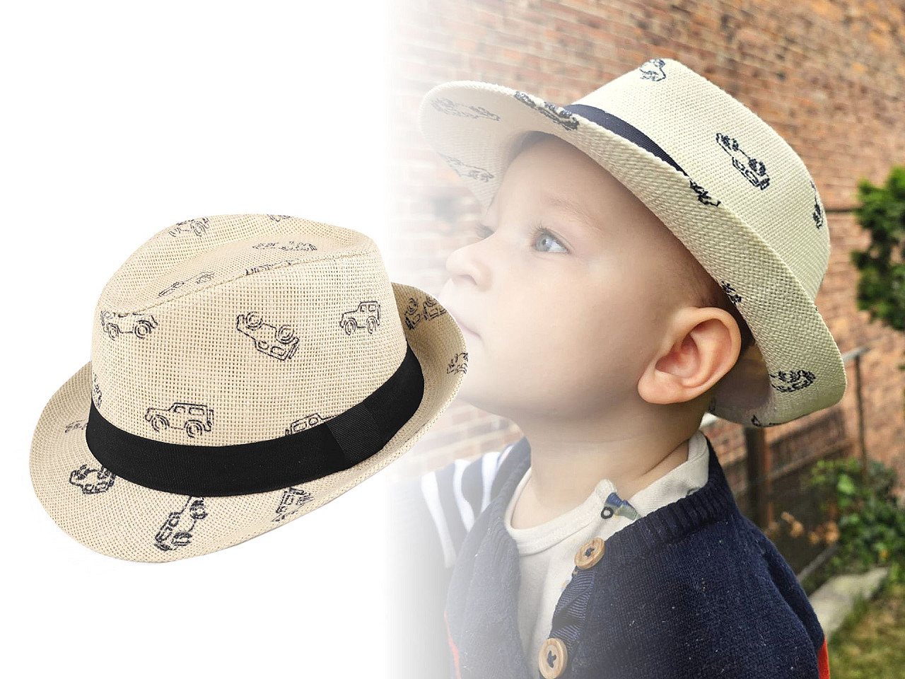 Children's summer hat / straw hat, cars - White natural (1 Piece)