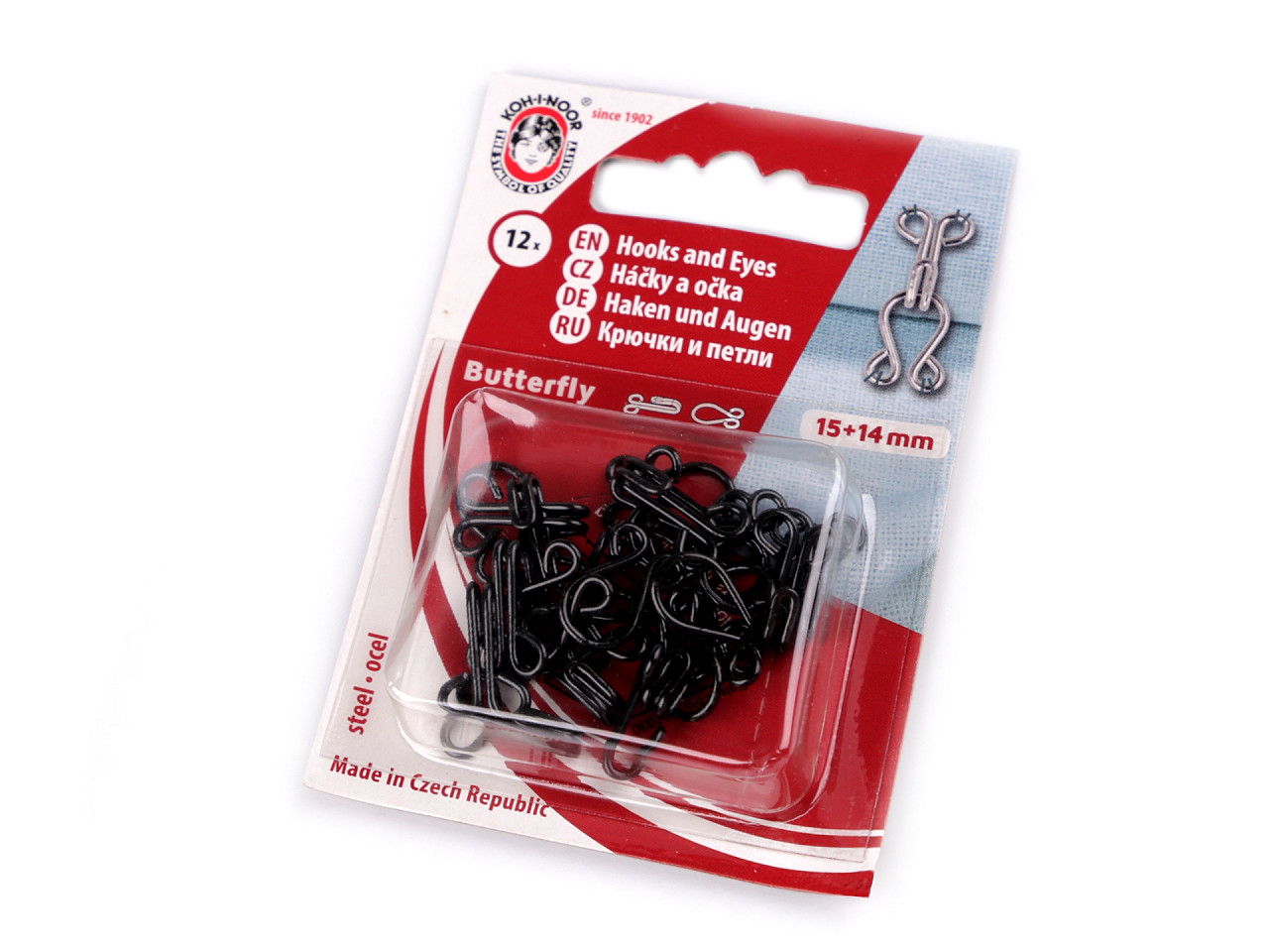 Hooks and eyes size 15+14; 13+12; 12+20; 10+8 mm - Nickel (1 Card)
