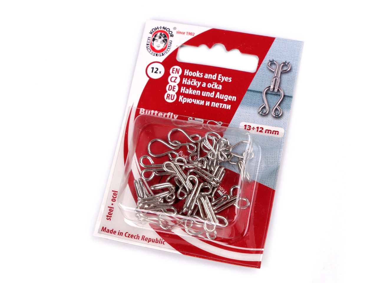 Hooks and eyes size 15+14; 13+12; 12+20; 10+8 mm - Nickel (1 Card)