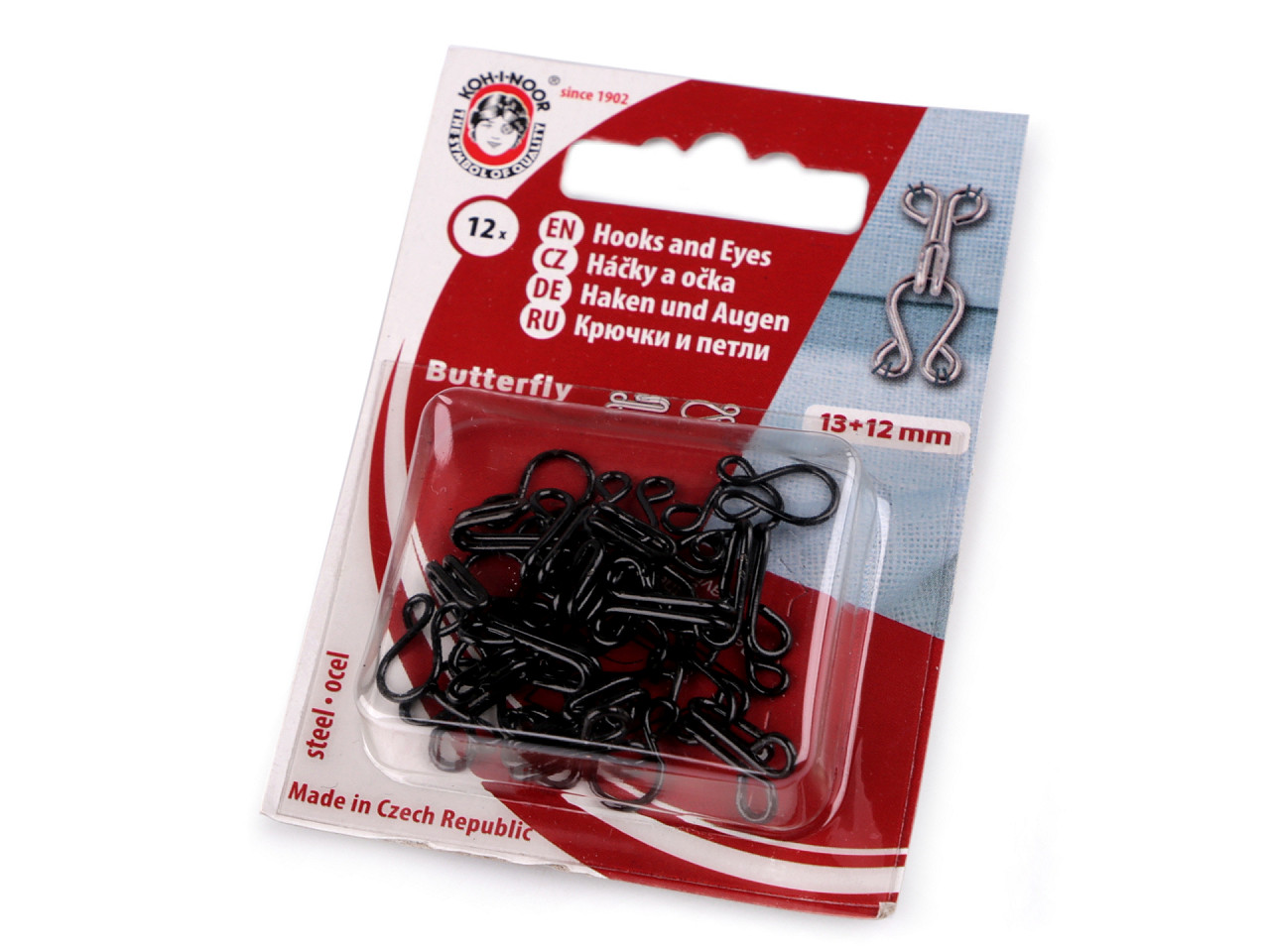 Hooks and eyes size 15+14; 13+12; 12+20; 10+8 mm - Nickel (1 Card)