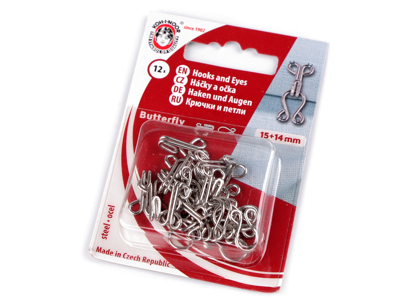 Hooks and eyes size 15+14; 13+12; 12+20; 10+8 mm - Nickel (1 Card)