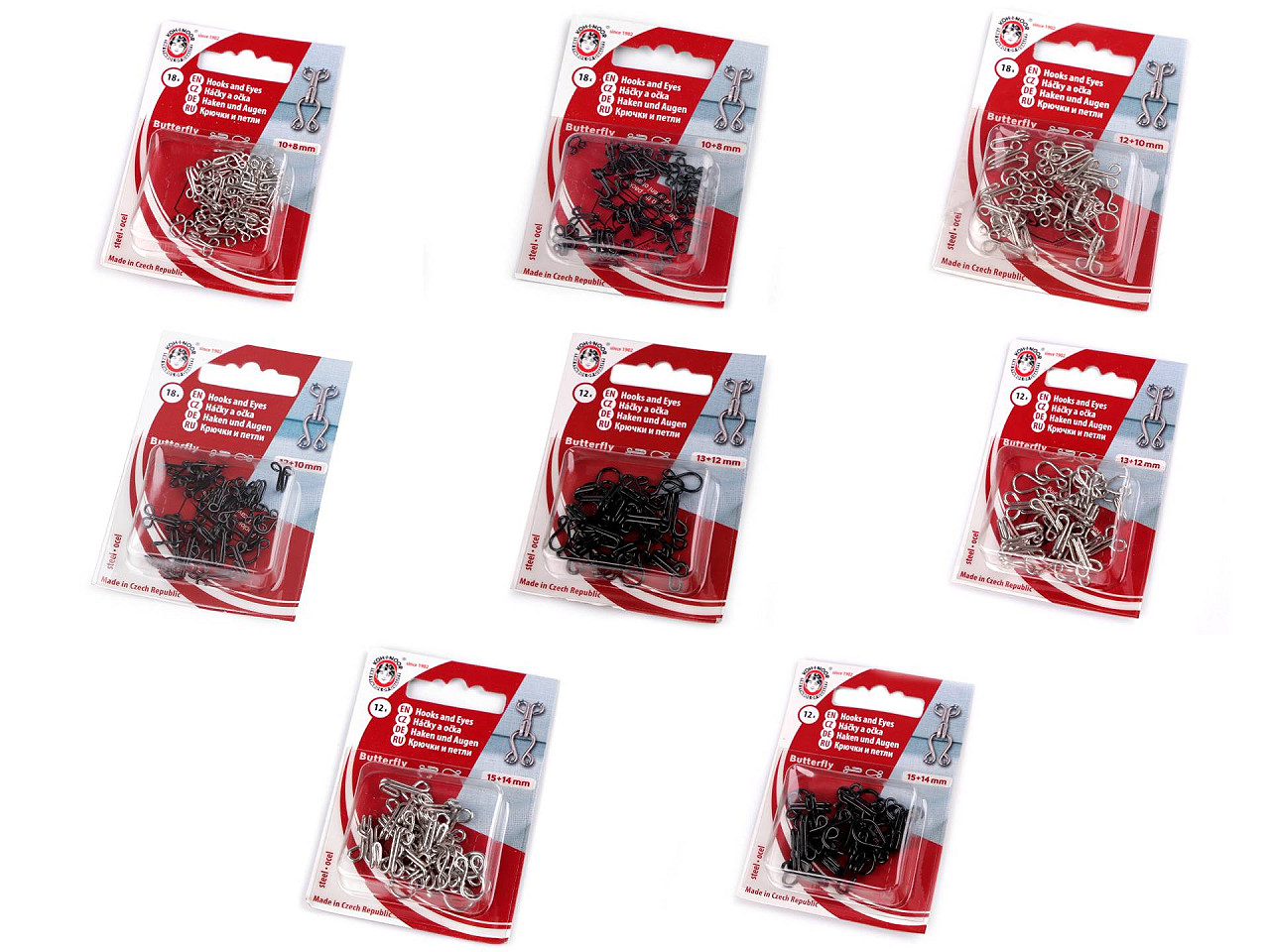 Hooks and eyes size 15+14; 13+12; 12+20; 10+8 mm - Nickel (1 Card)