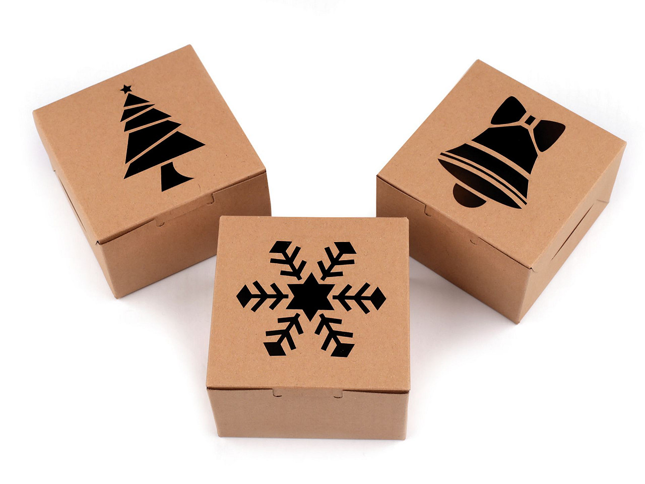 Christmas paper box  with see-through window, tree, snowflake, bell - Natural brown (10 Pieces)