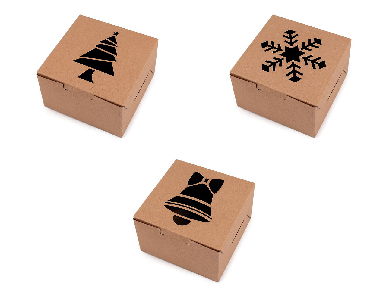 Christmas paper box  with see-through window, tree, snowflake, bell - Natural brown (10 Pieces)